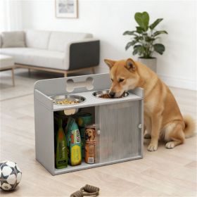 Elevated dog bowl with storage space, gray